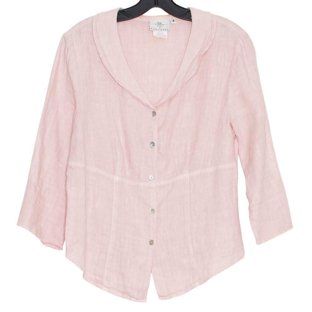 Vintage Pink Linen Hot Cotton SP Button Up Top 3/4 Sleeve Prairie Cottagecore